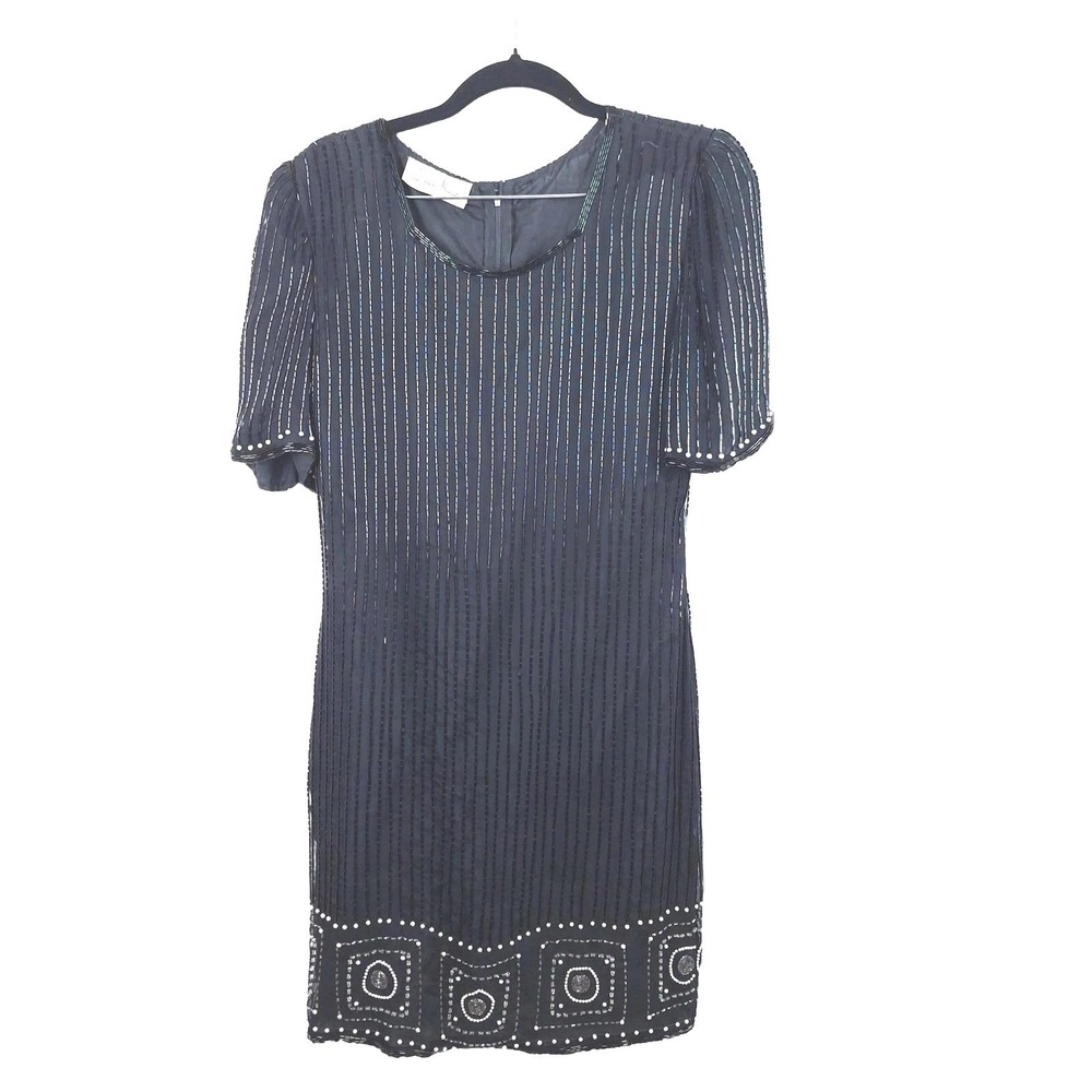 Vintage Laurence Kazar Black Hand Beaded Short Sleeve Cocktail Dress Shift
